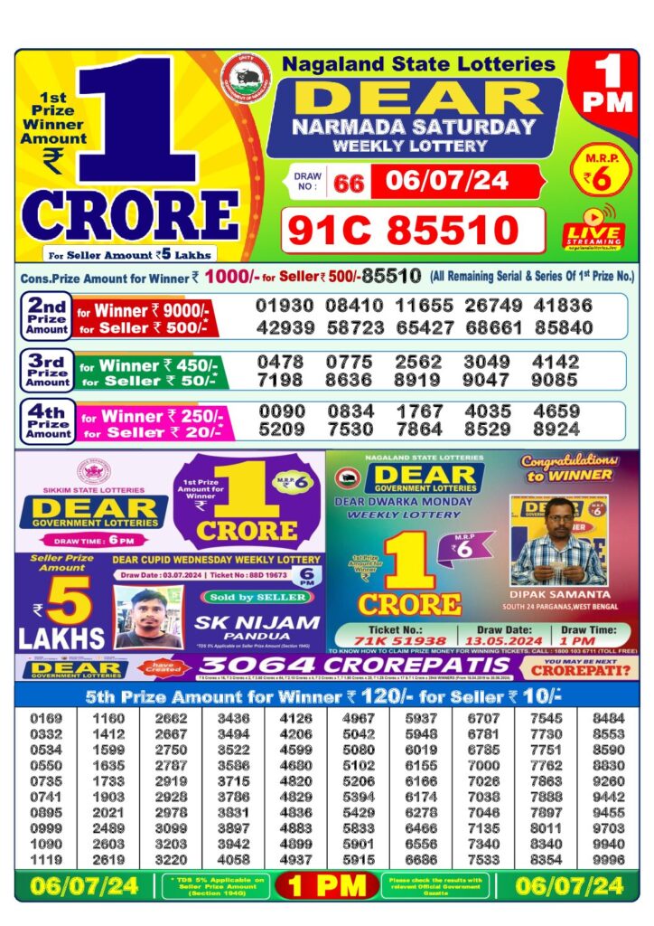 dear lottery result 6 Juky 2024